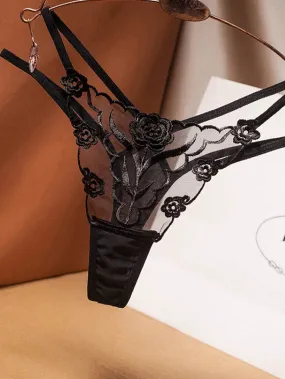 1 pieza de Braguita sexy para mujer con bordado de rosa y malla transparente, tanga de cintura baja