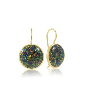 14K Yellow Gold Round Dangle Earrings Inlaid with Black Opal