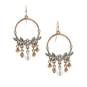 1928 Jewelry Crystal Flower & Vines Dangling Beaded Hoop Earrings