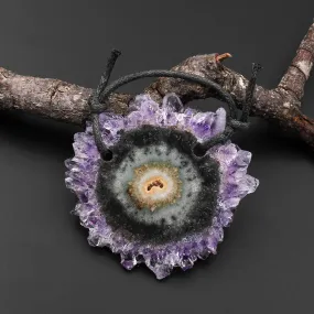 2 Hole Pendant Natural Amethyst Stalactite Flower Pendant Flat Slice Freeform One of a Kind P0115