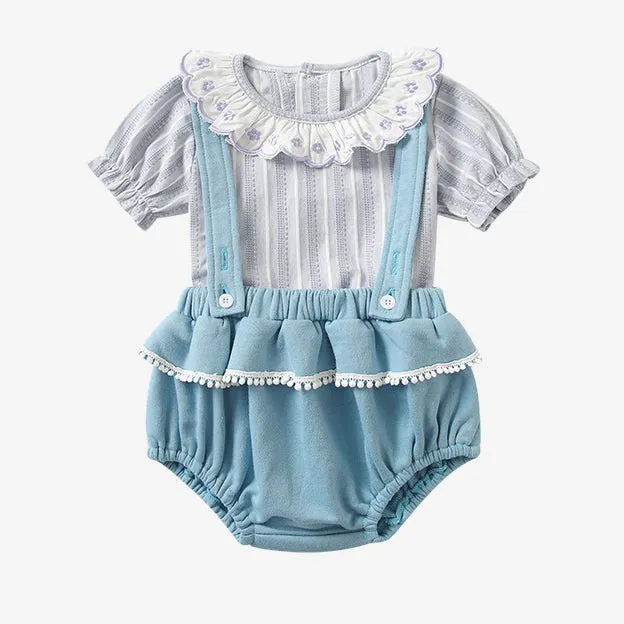 2 Pieces Set Baby Girls Striped Embroidered Tops And Solid Color Rompers