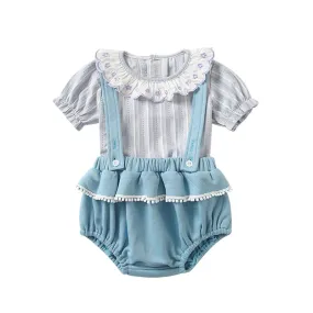 2 Pieces Set Baby Girls Striped Embroidered Tops And Solid Color Rompers