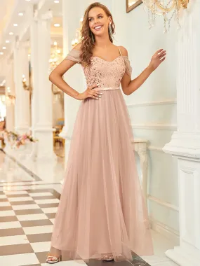 A-Line Sweetheart Neckline Ruffle Sleeve Tulle Wholesale Bridesmaid Dress