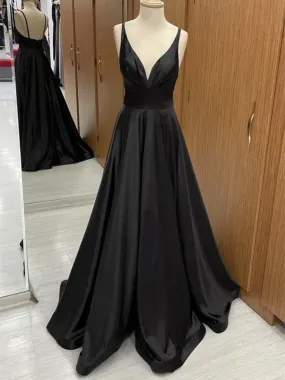 A Line V Neck Black Backless Satin Long Prom Dresses, A Line V Neck Black Backless Satin Long Formal Evening Dresses