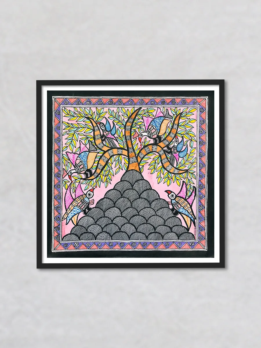 Avian Symphony - A Wild Feathered Chorus, Madhubani Art by Ambika Devi