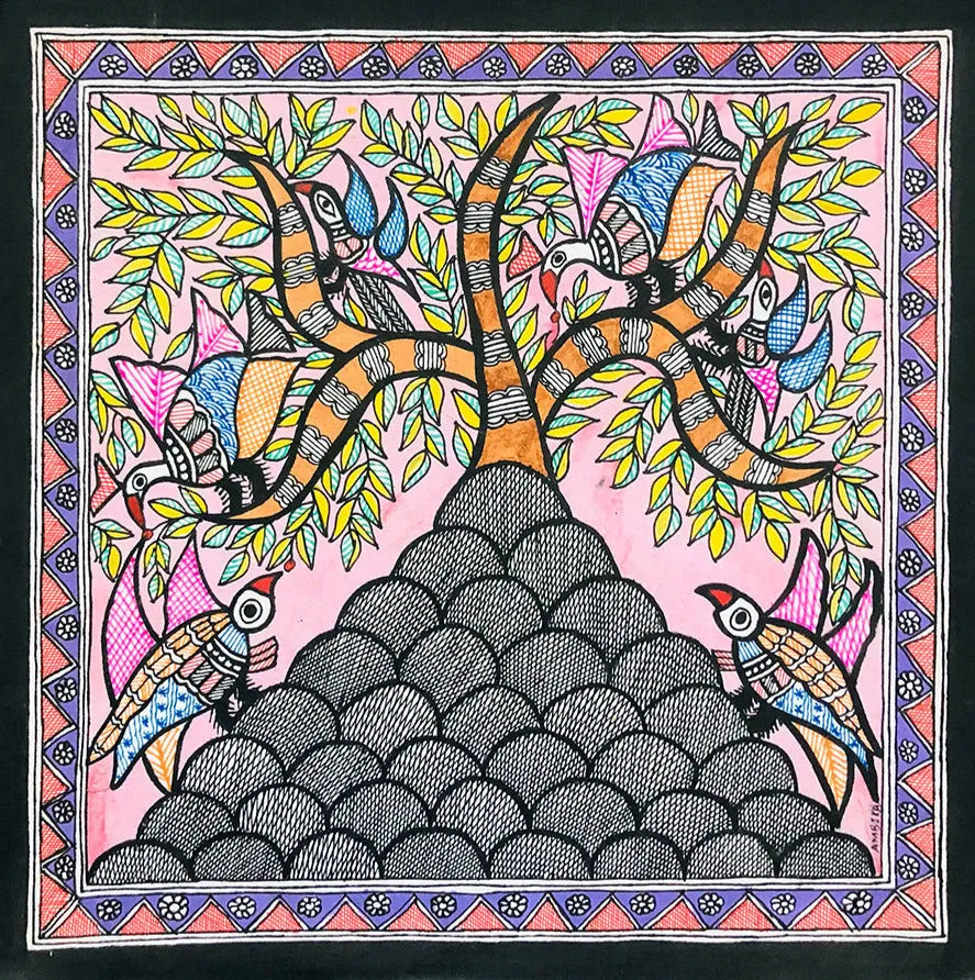 Avian Symphony - A Wild Feathered Chorus, Madhubani Art by Ambika Devi