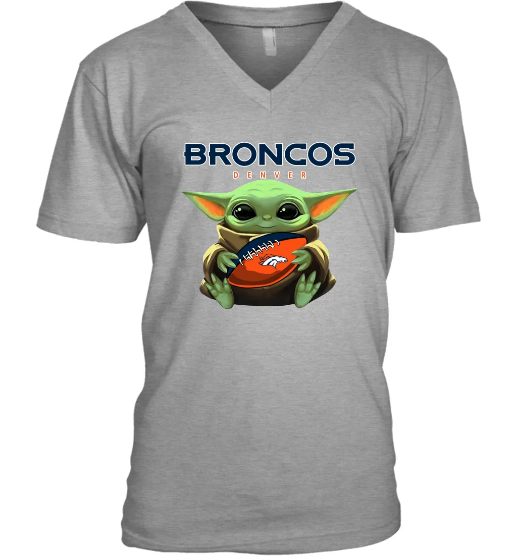 Baby Yoda Loves The Denver Broncos Star Wars Baby Yoda Hugs Broncos NFL Mens V-Neck T-Shirt