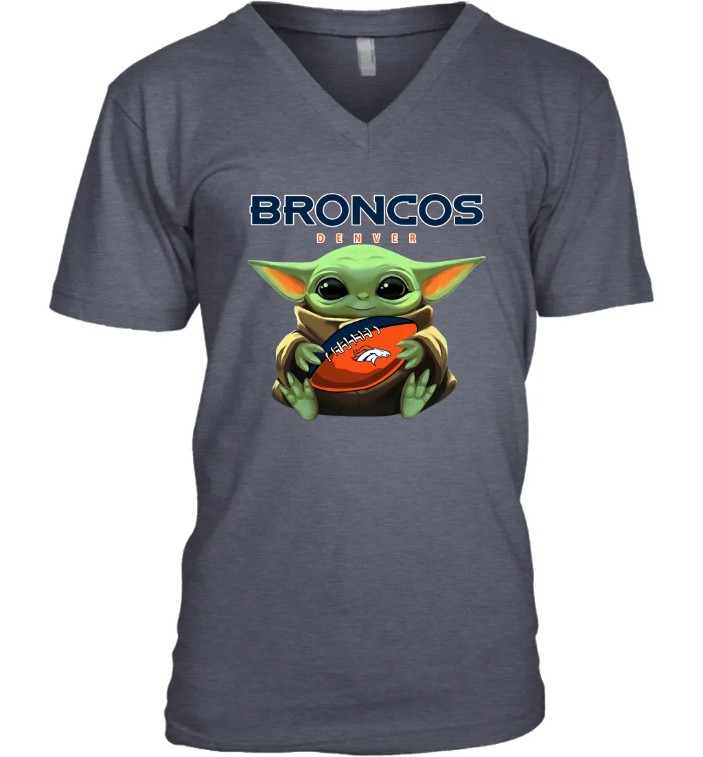 Baby Yoda Loves The Denver Broncos Star Wars Baby Yoda Hugs Broncos NFL Mens V-Neck T-Shirt