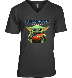 Baby Yoda Loves The Denver Broncos Star Wars Baby Yoda Hugs Broncos NFL Mens V-Neck T-Shirt