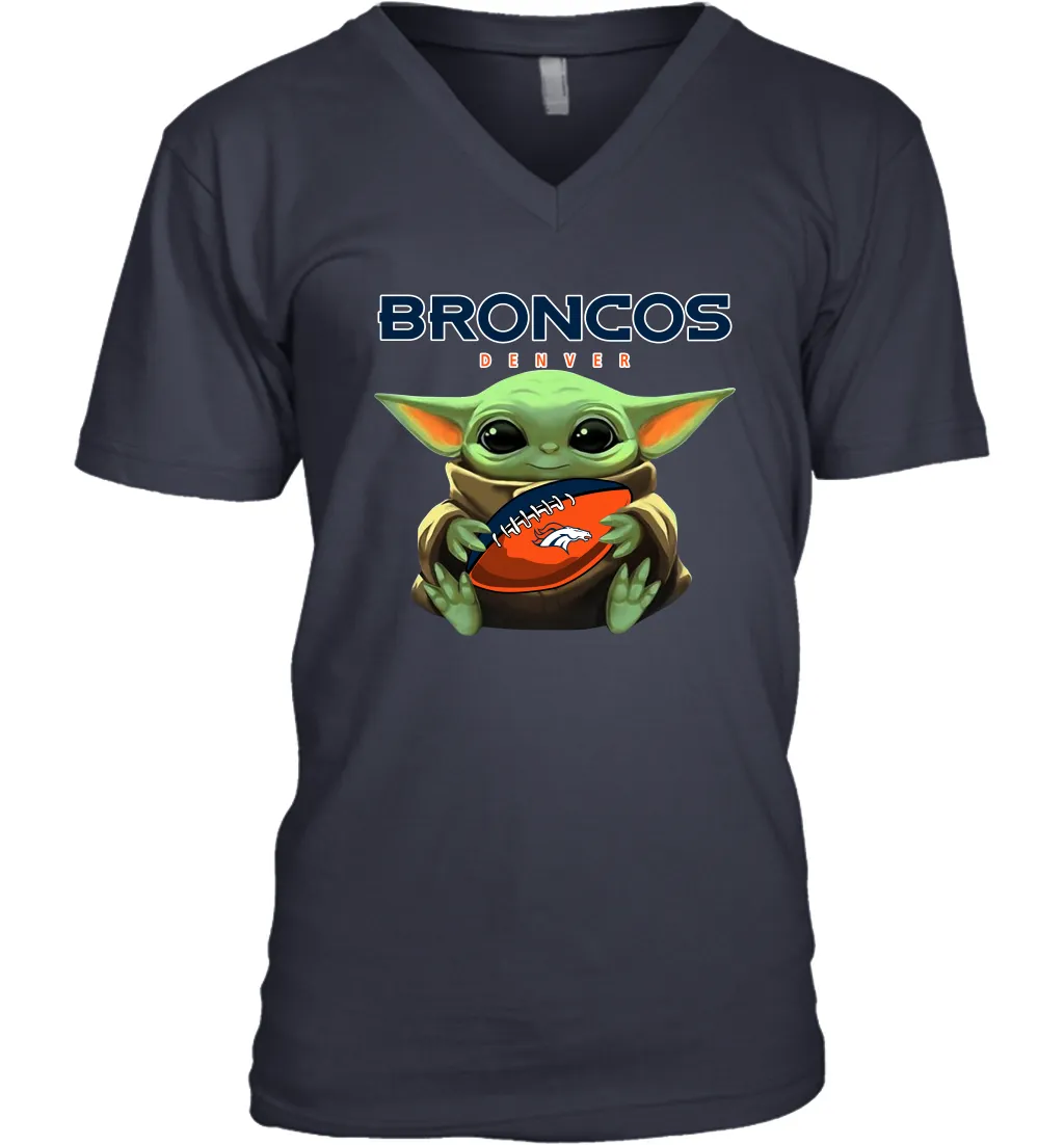 Baby Yoda Loves The Denver Broncos Star Wars Baby Yoda Hugs Broncos NFL Mens V-Neck T-Shirt