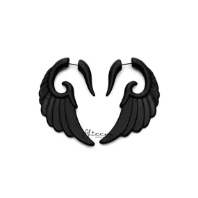 Black Acrylic Angel Wing Fake Ear Tapers with Surgical Steel Bar