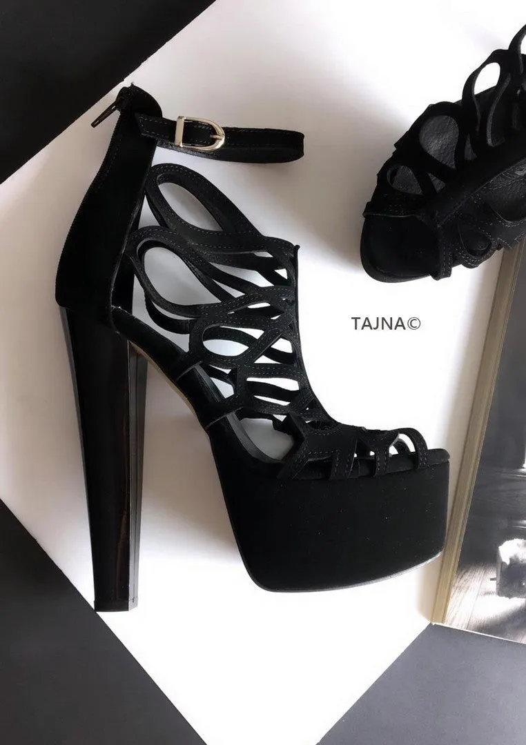 Black Laser Cage Platform Heels