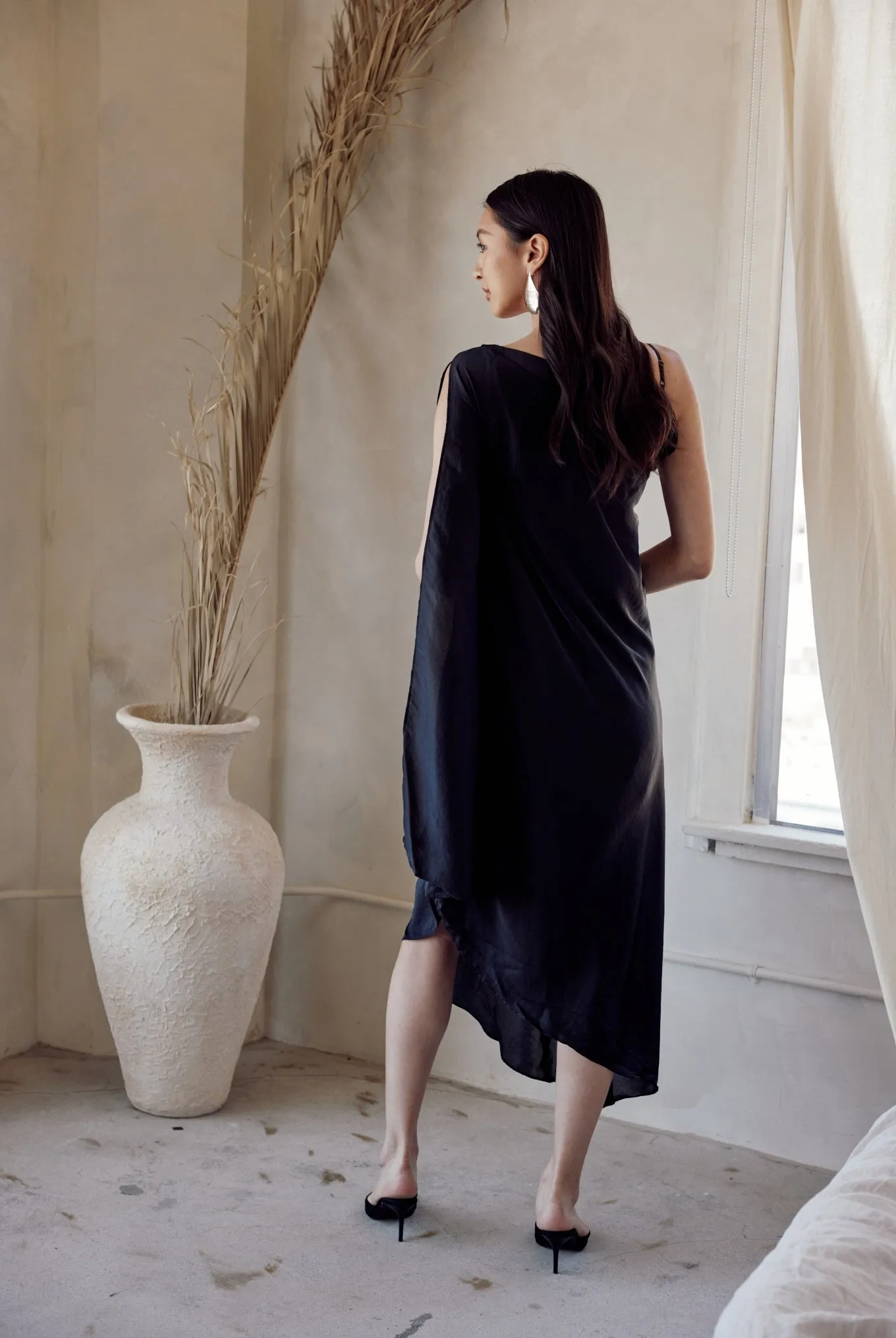 Black One Shoulder Draped Dress