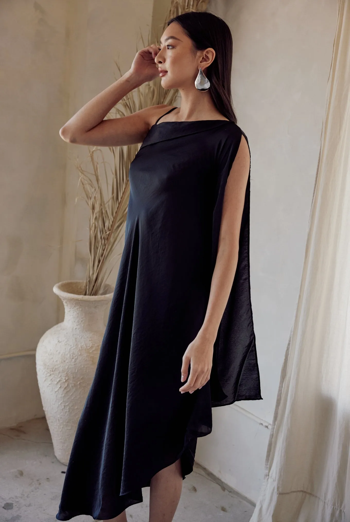 Black One Shoulder Draped Dress