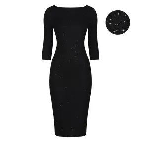 Black Silver Glitter 3/4 Sleeve Bodycon Velour Midi Party Dress