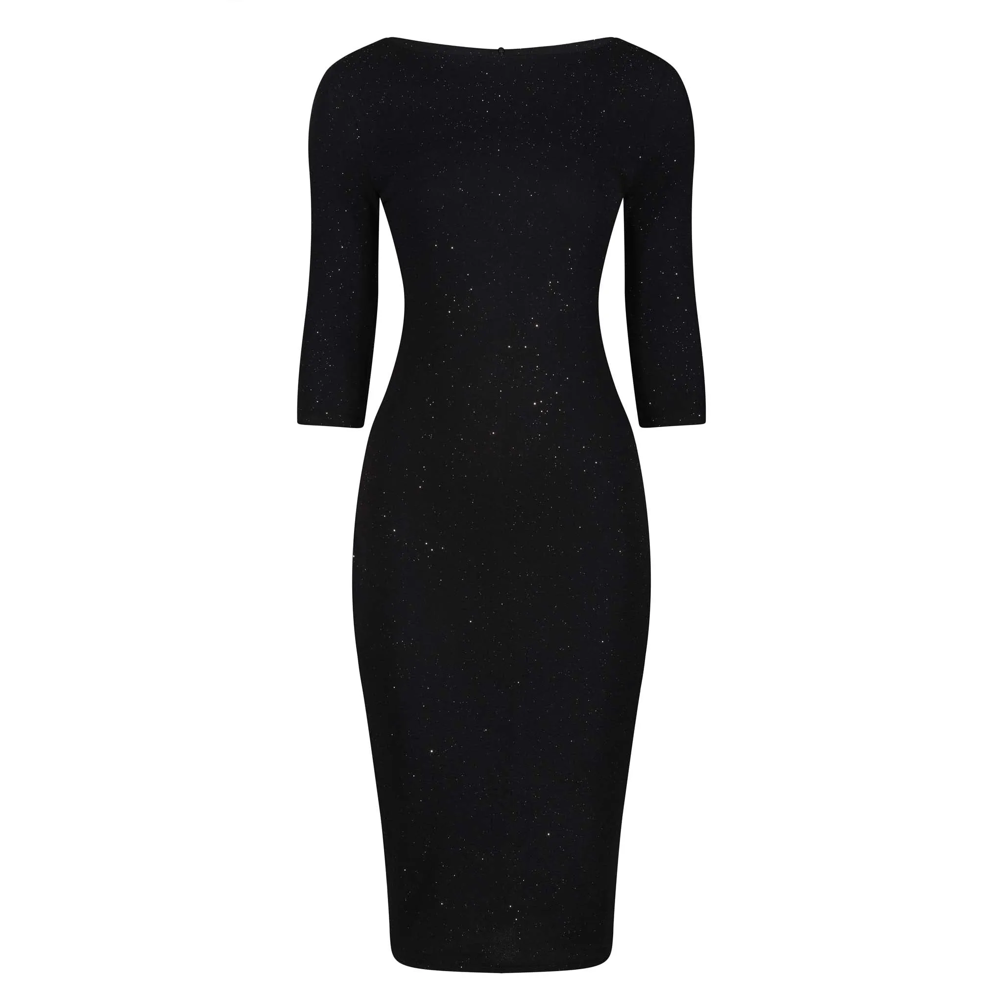 Black Silver Glitter 3/4 Sleeve Bodycon Velour Midi Party Dress