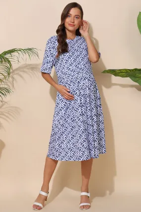 Blue All Over Printed 100% Soft Cotton Zipless Maternity Feeding Dress