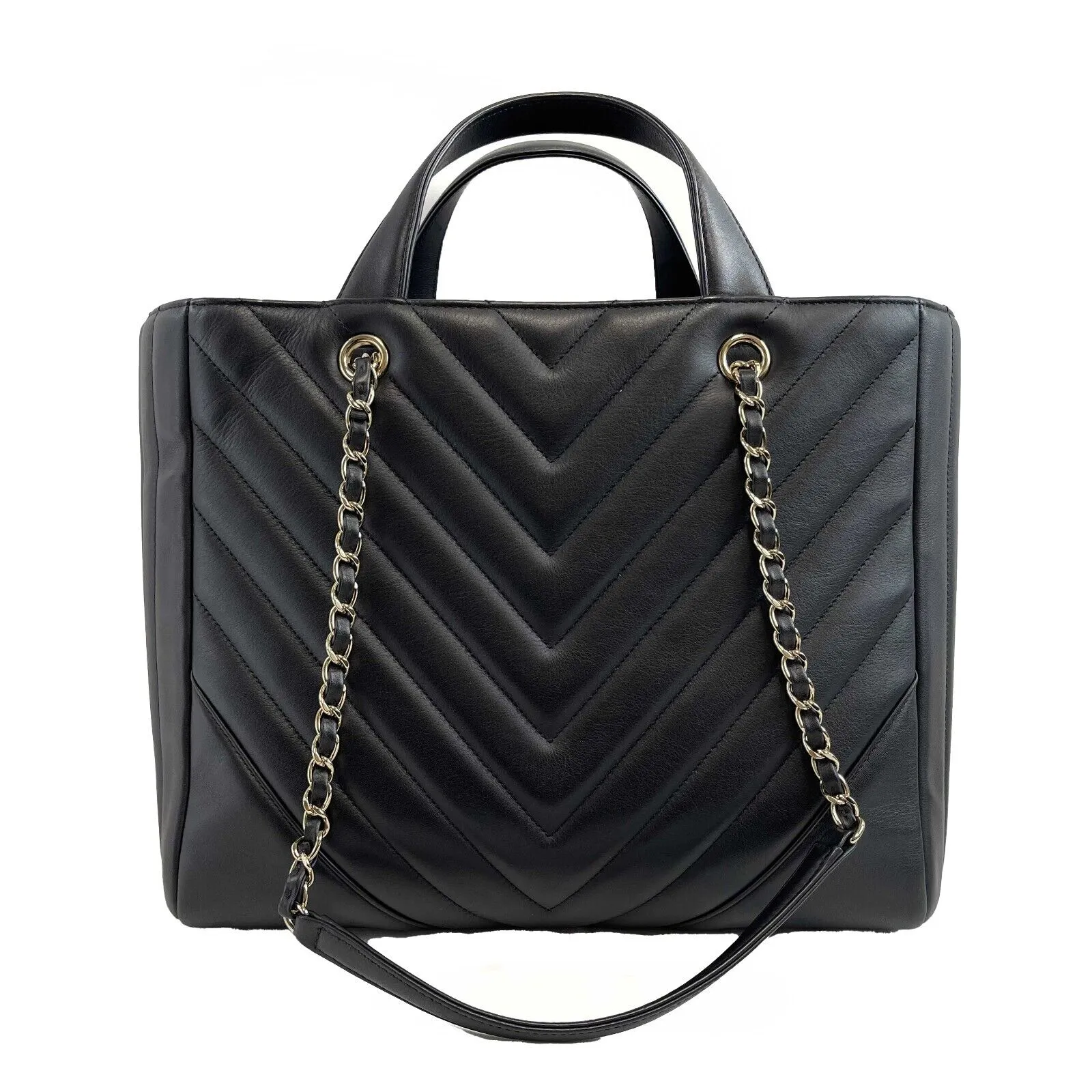 CHANEL - Large Shopping Tote Black Chevron Leather CC Tote w/ Shoulder Strap