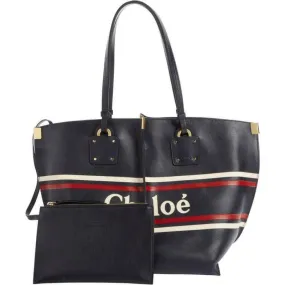 Chloé Vick Logo Embossed Full Blue Leather Tote