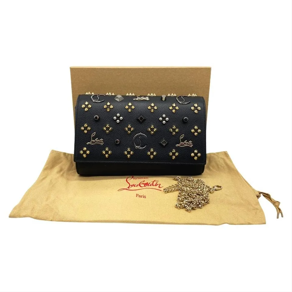 Christian Louboutin Clutch Calfskin Spikes Paloma Loubinthesky Black Leather Shoulder Bag