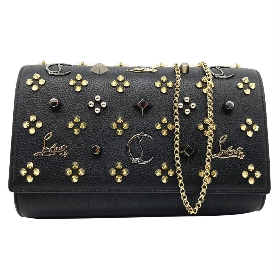 Christian Louboutin Clutch Calfskin Spikes Paloma Loubinthesky Black Leather Shoulder Bag