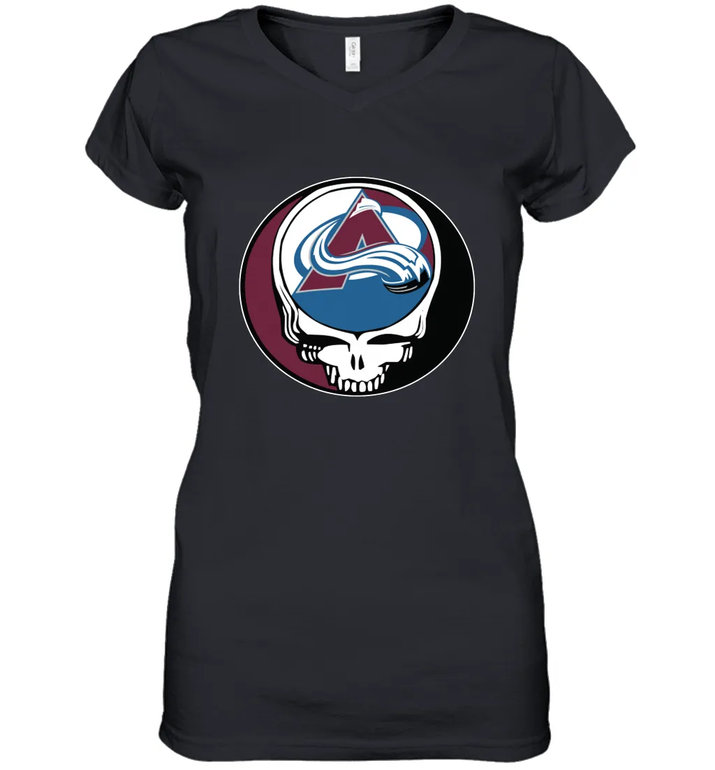 Colorado Avalanche Grateful Dead Steal Your Face Hockey NHL Womens V-Neck T-Shirt