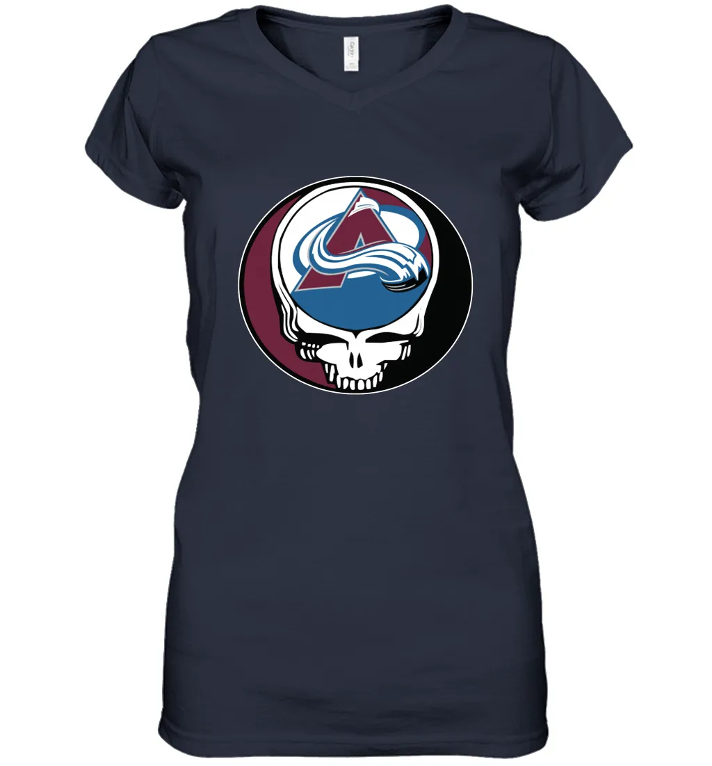 Colorado Avalanche Grateful Dead Steal Your Face Hockey NHL Womens V-Neck T-Shirt