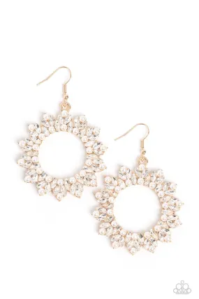 Combustible Couture Gold & White Rhinestone Earrings - Paparazzi Accessories