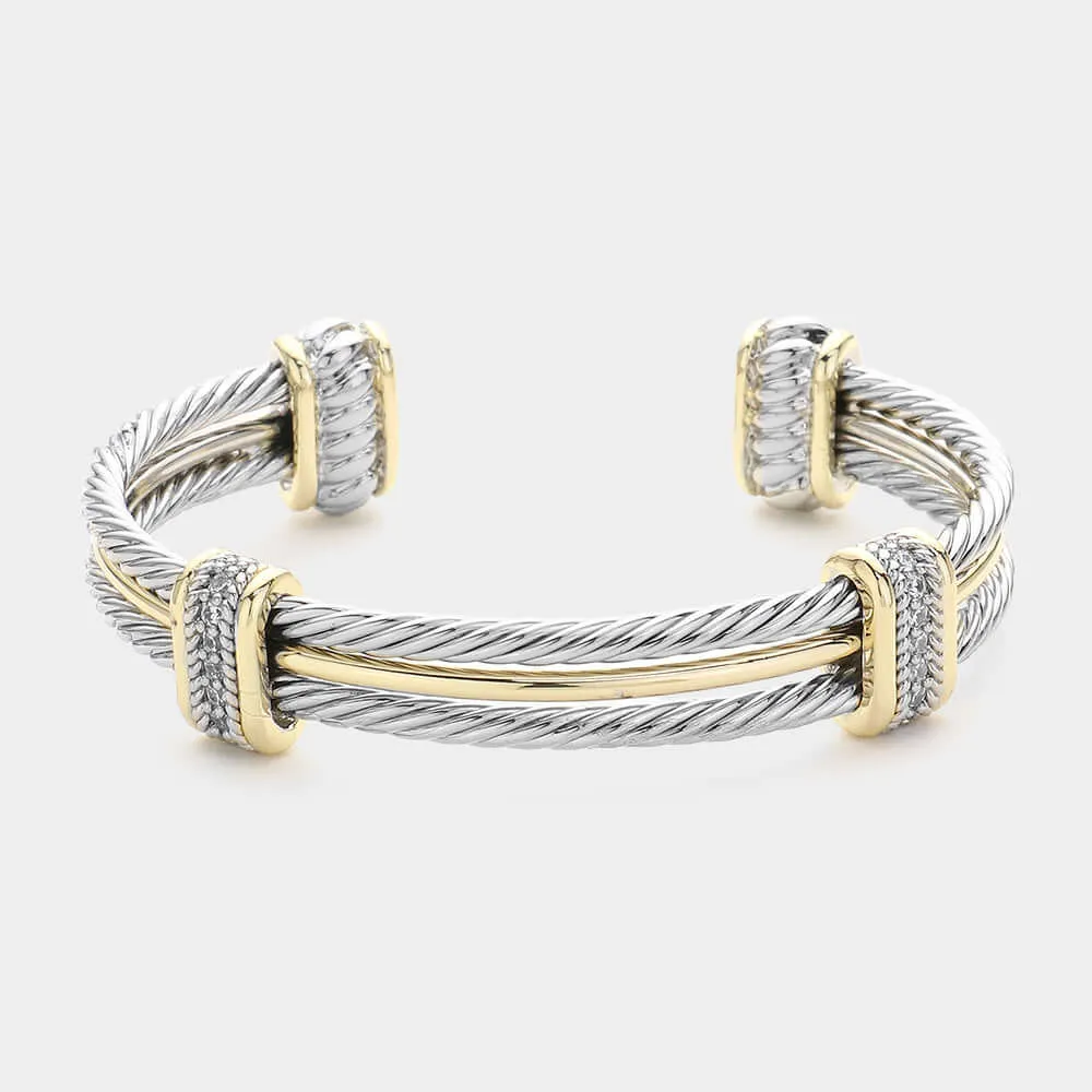 CZ Stone Paved Two Tone Metal Rope Cuff Bracelet