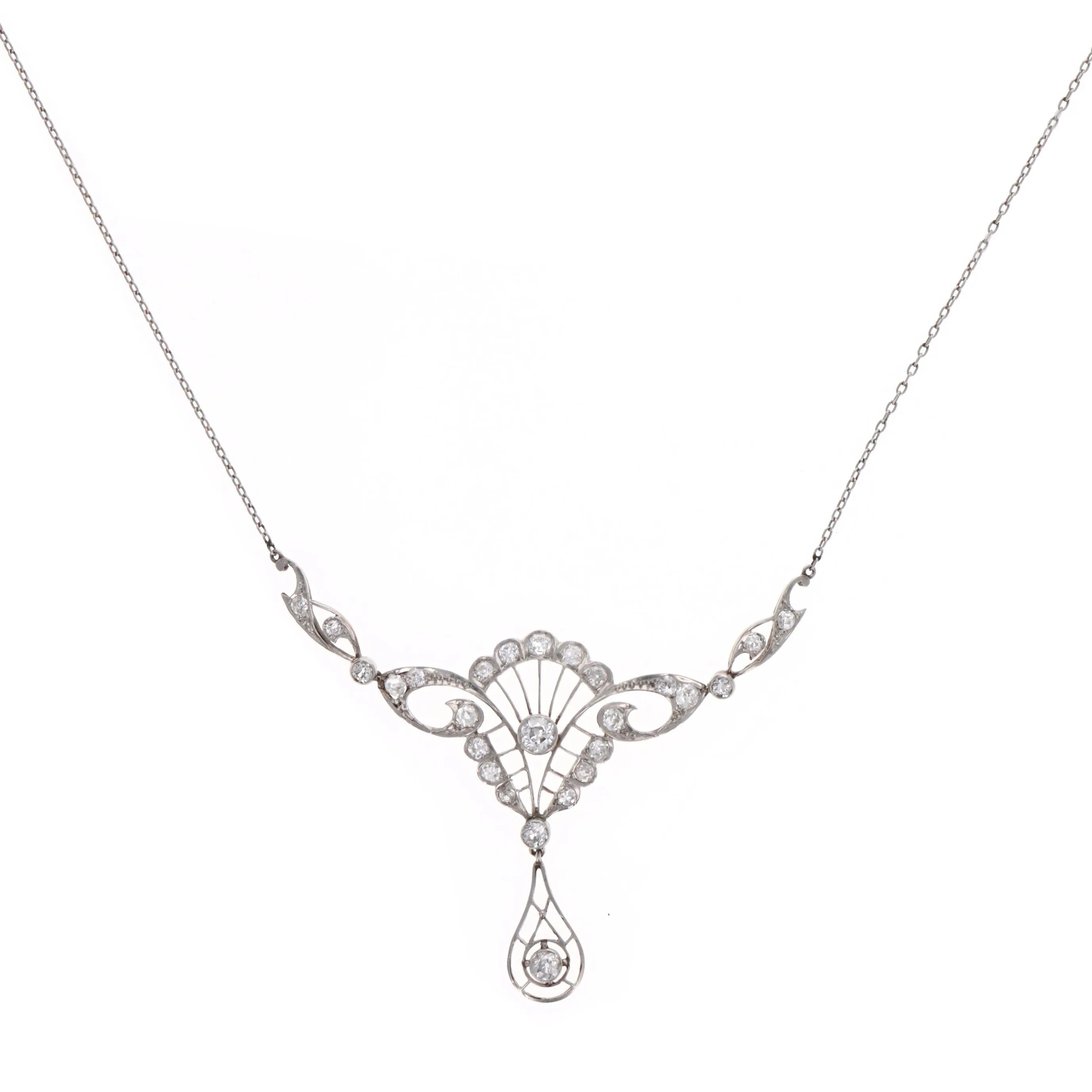 Edwardian Platinum 14K Yellow Gold 1.20 Carat Total Weight Old European Diamond Pendant Necklace