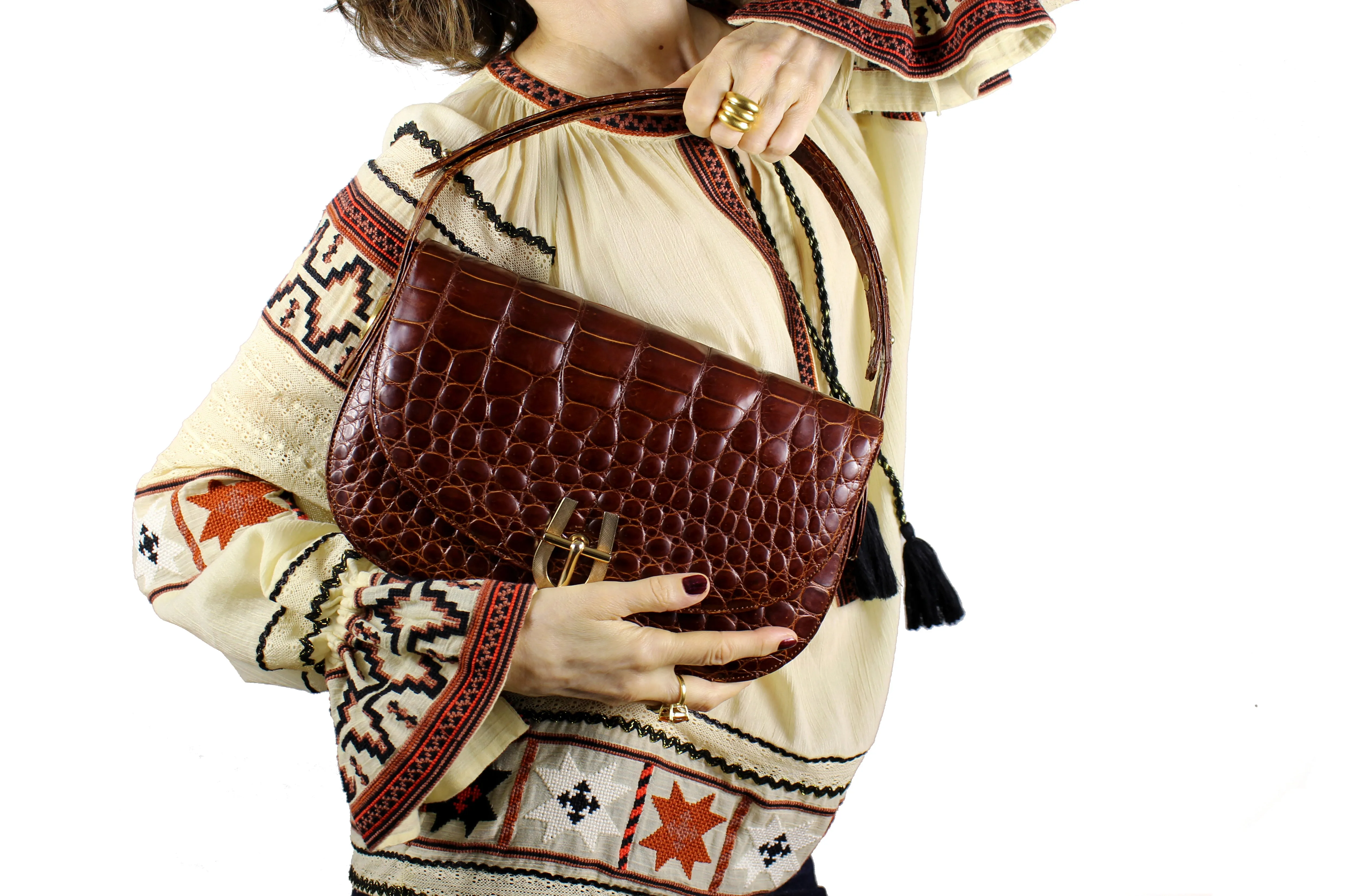 Elongate cognac crocodile skin shoulder bag