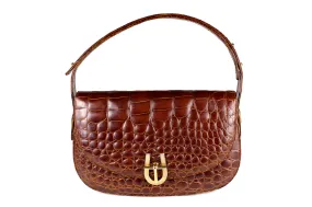 Elongate cognac crocodile skin shoulder bag