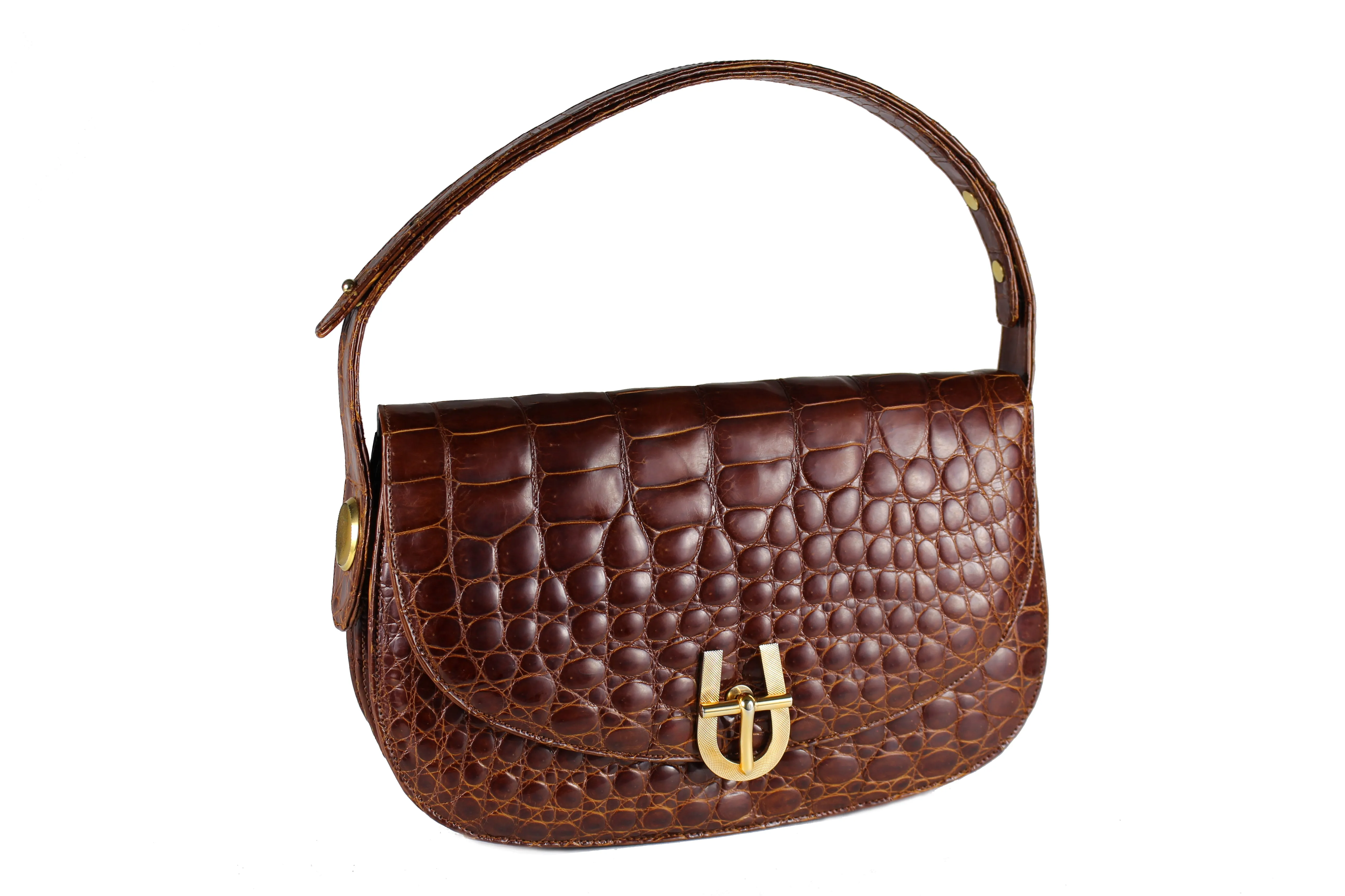 Elongate cognac crocodile skin shoulder bag