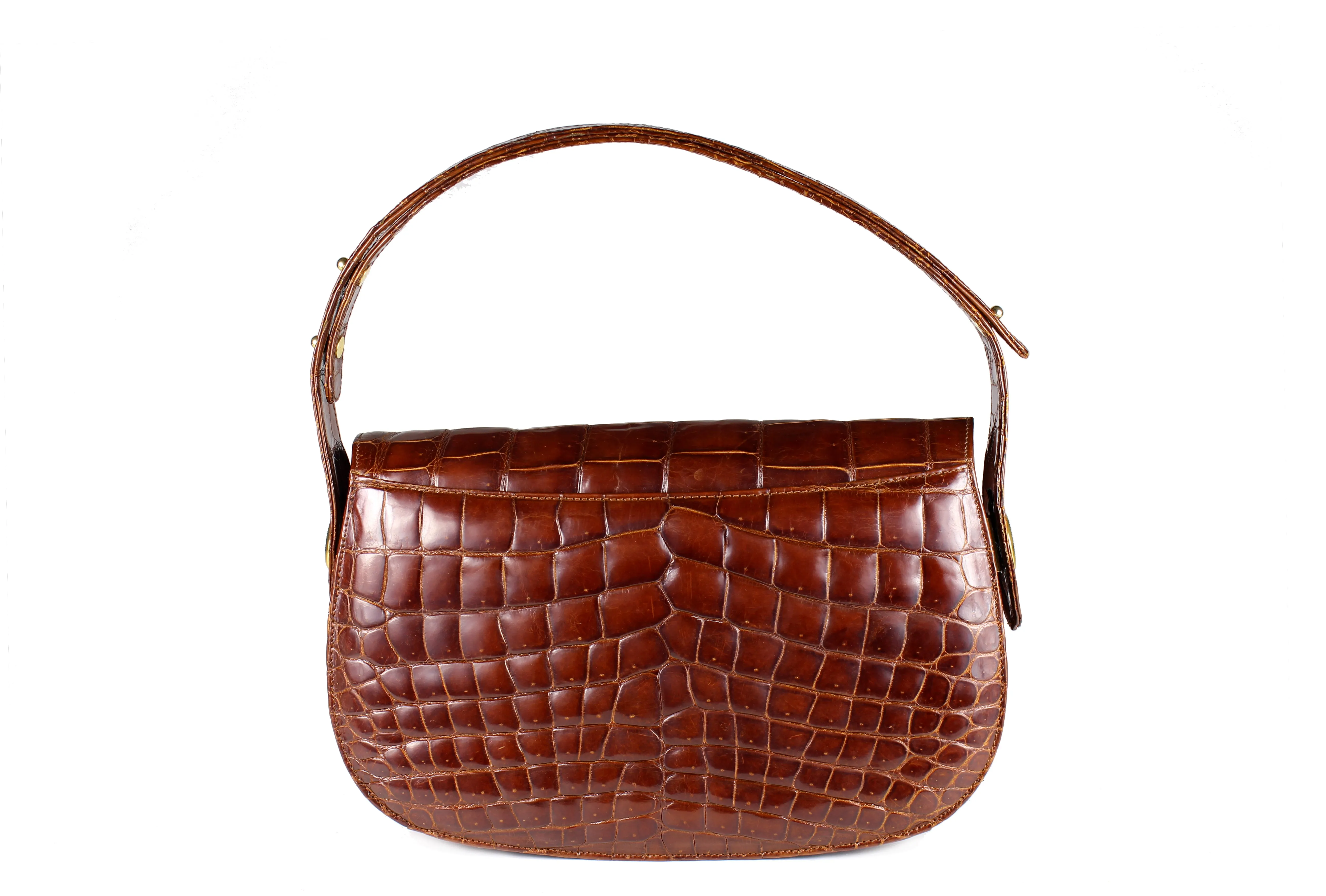 Elongate cognac crocodile skin shoulder bag