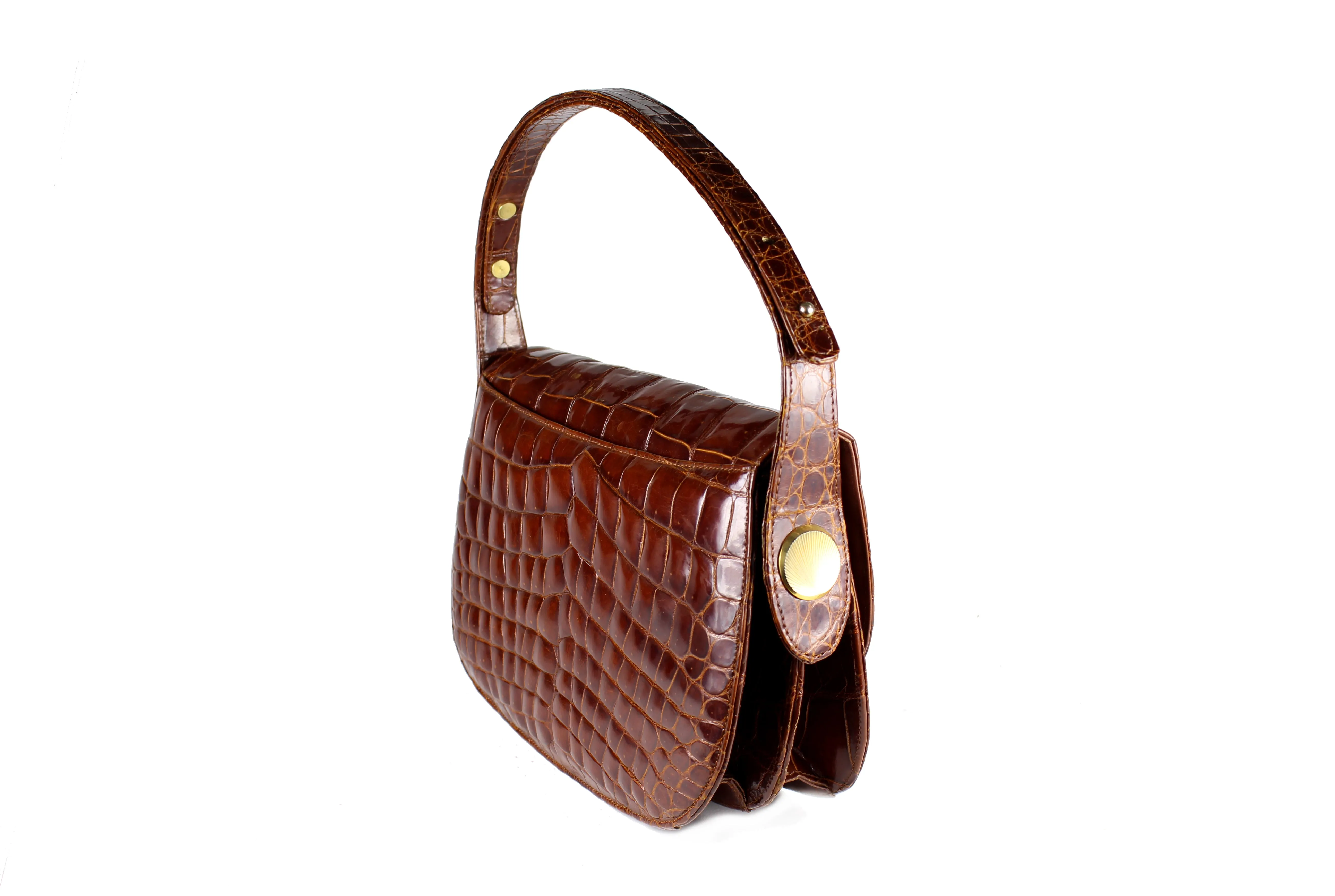 Elongate cognac crocodile skin shoulder bag