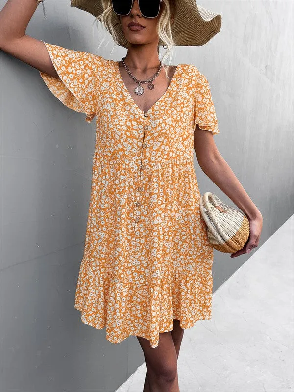 Floral Short Sleeve V Neck Midi Length Dress