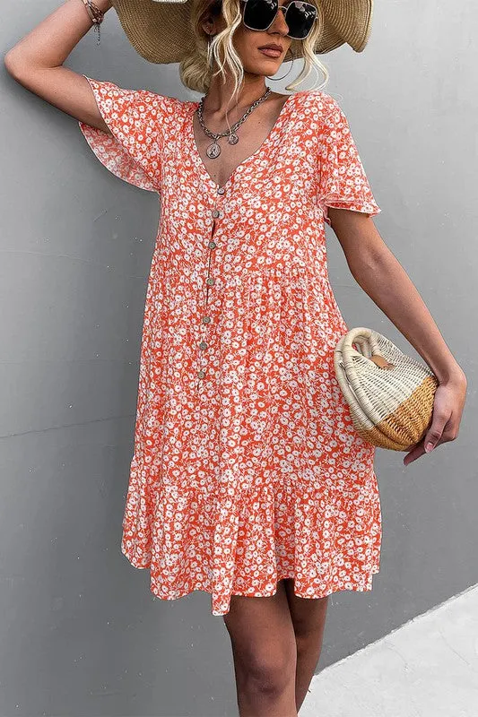 Floral Short Sleeve V Neck Midi Length Dress