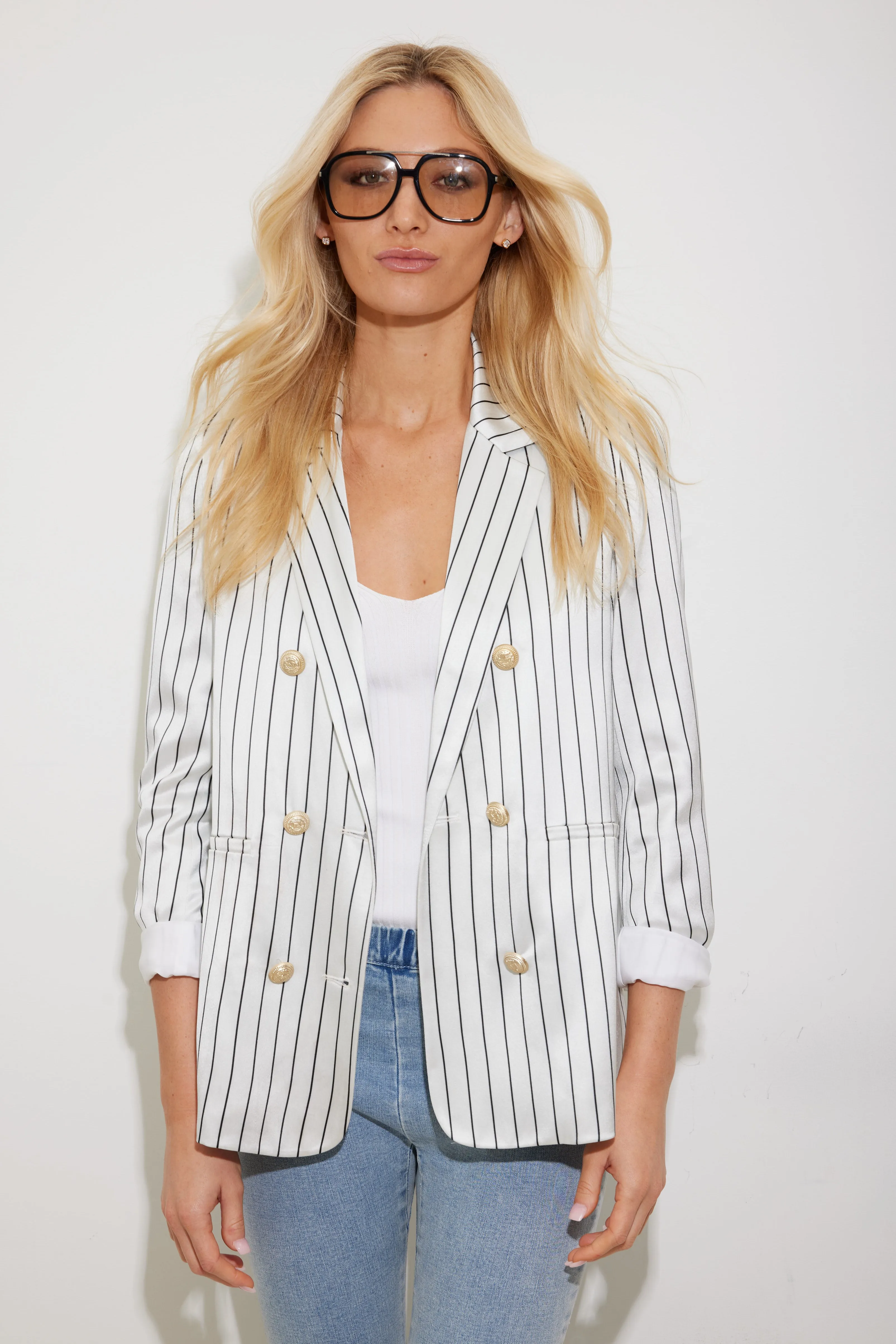 Generation Love - Leighton Satin Blazer - White Pinstripe