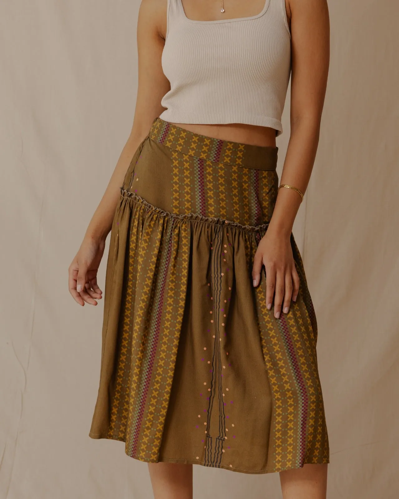 Geometric Lines Midi Skirt Olive