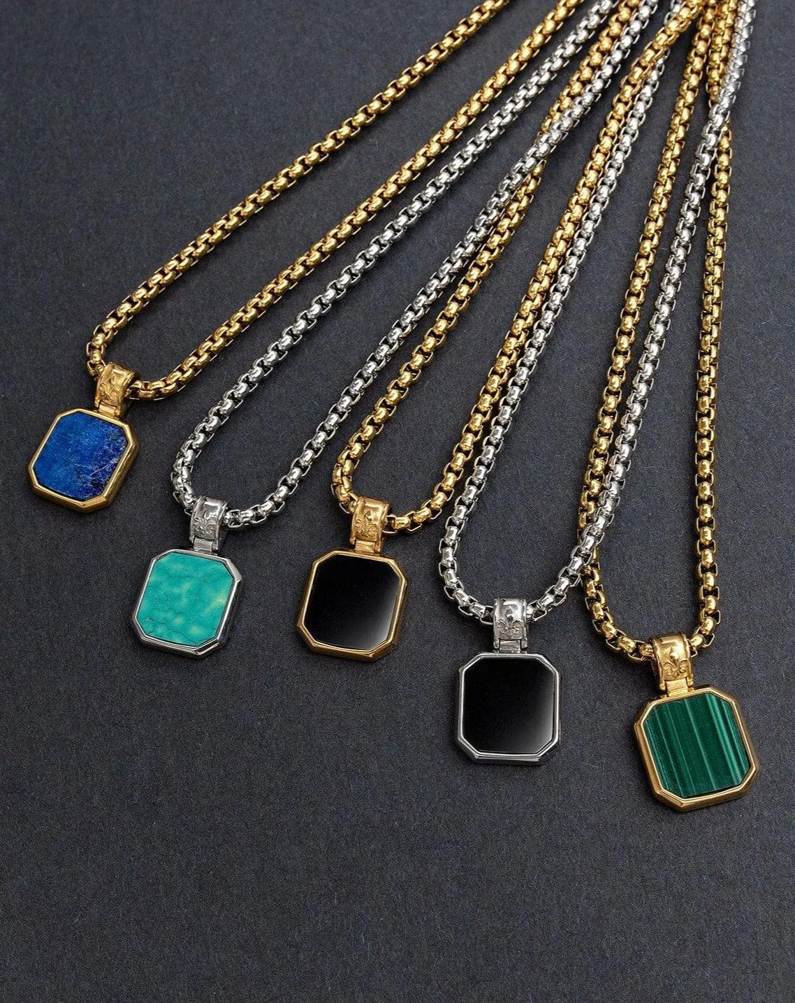 Gold Necklace with Square Onyx Pendant