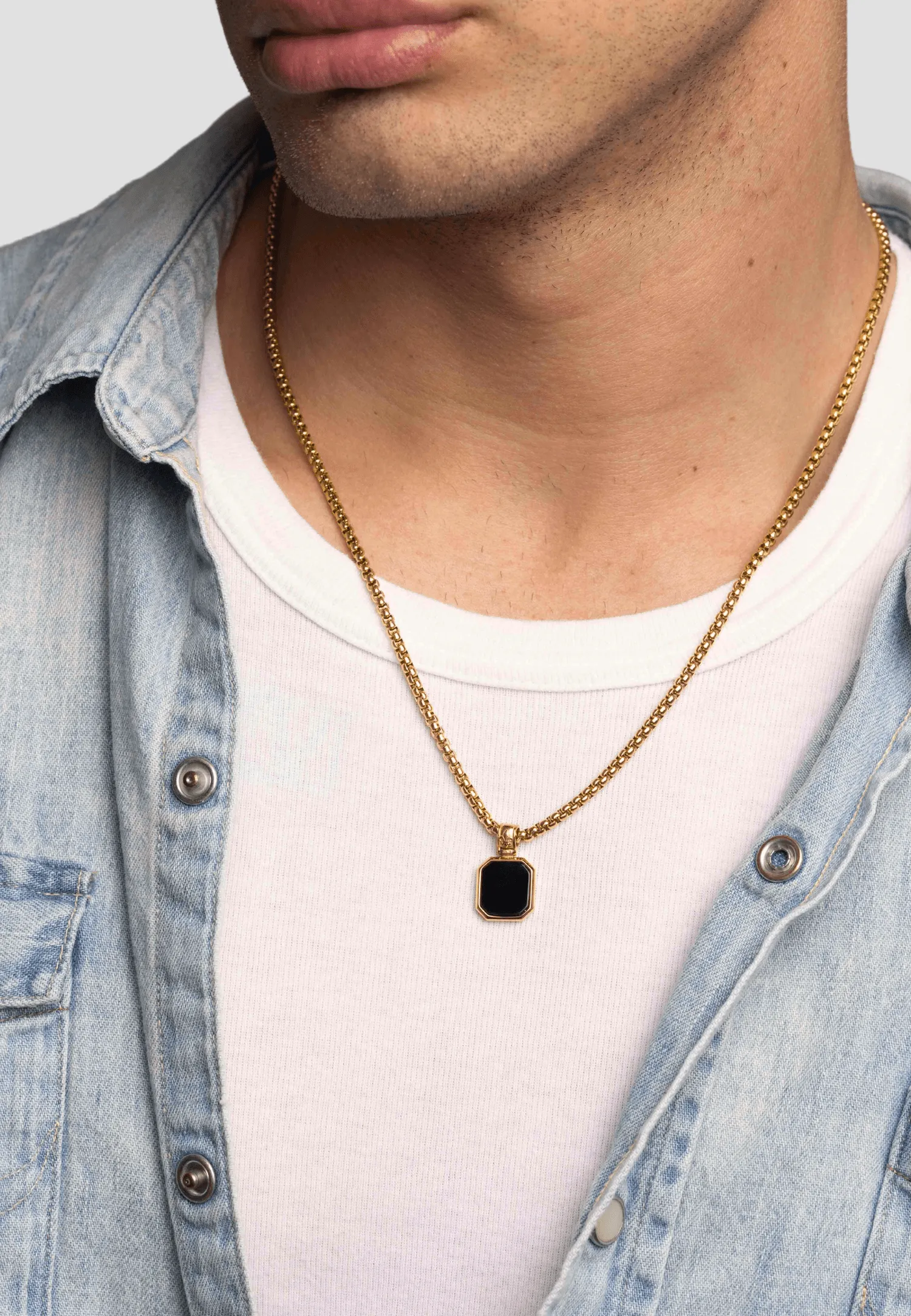 Gold Necklace with Square Onyx Pendant