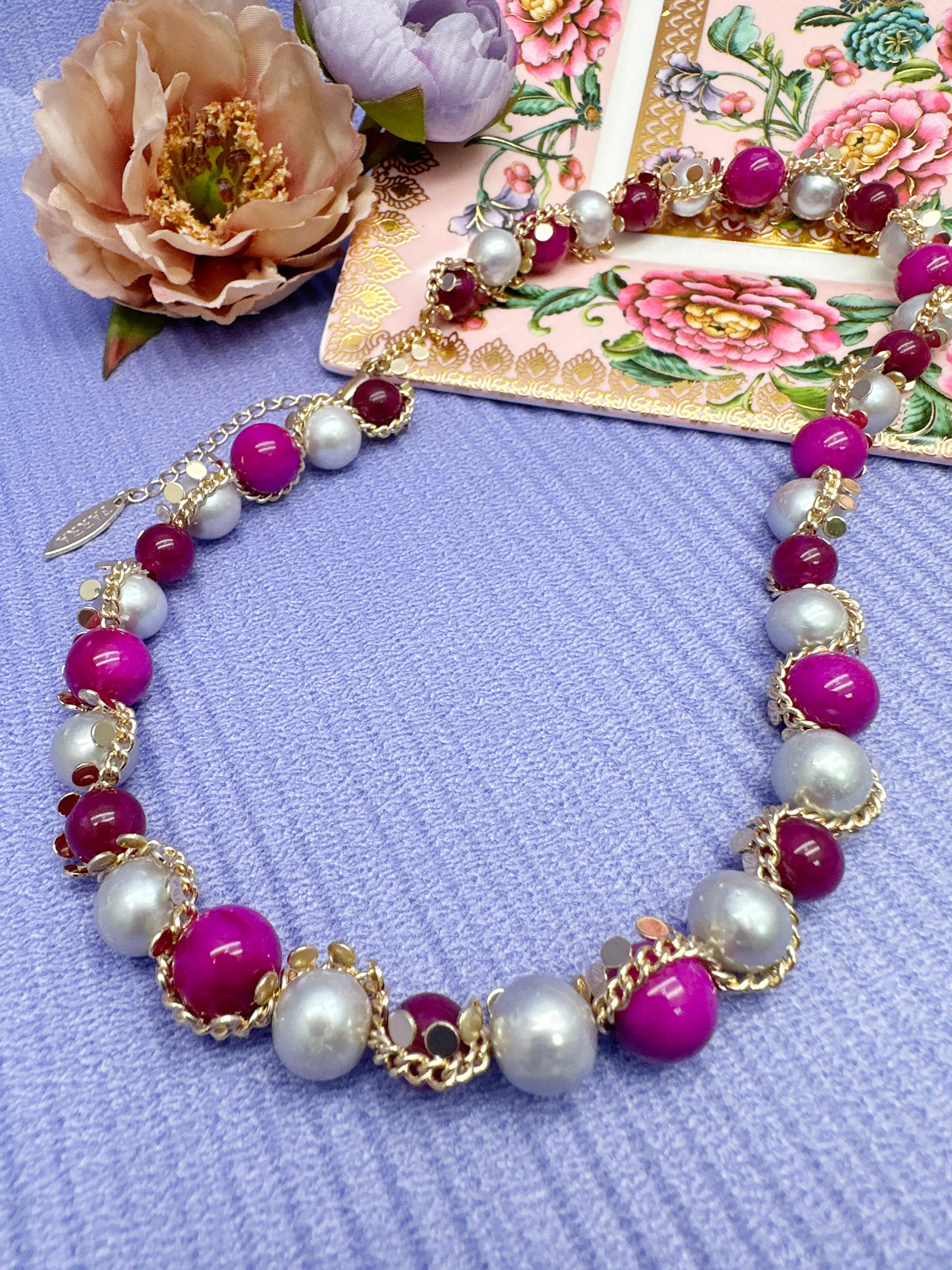 Gray Freshwater Pearls With Magenta Gemstone Statement Necklace LN012