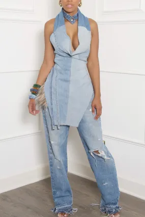 Half and Half light  Denim Halter Top S/M/L