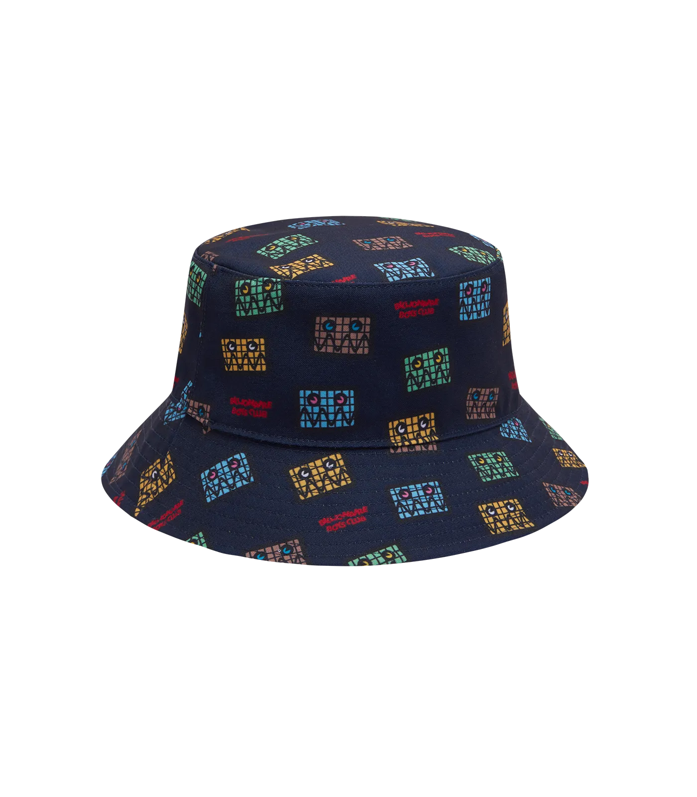 KIDS JUMBLE ROBOT A/O PRINT REVERSIBLE BUCKET HAT - NAVY/YELLOW