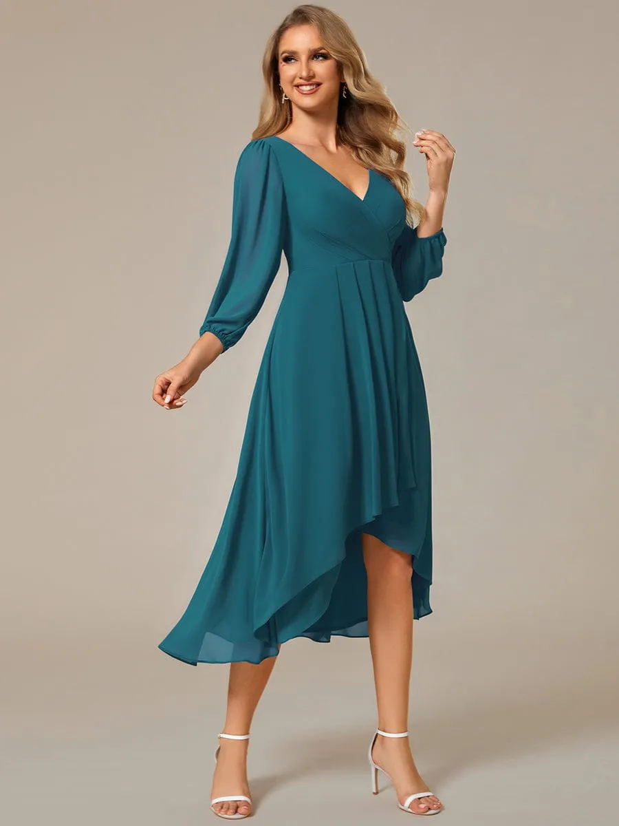 Long Sleeves Asymmetrical Hem A-Line Midi Wedding Guest Dress