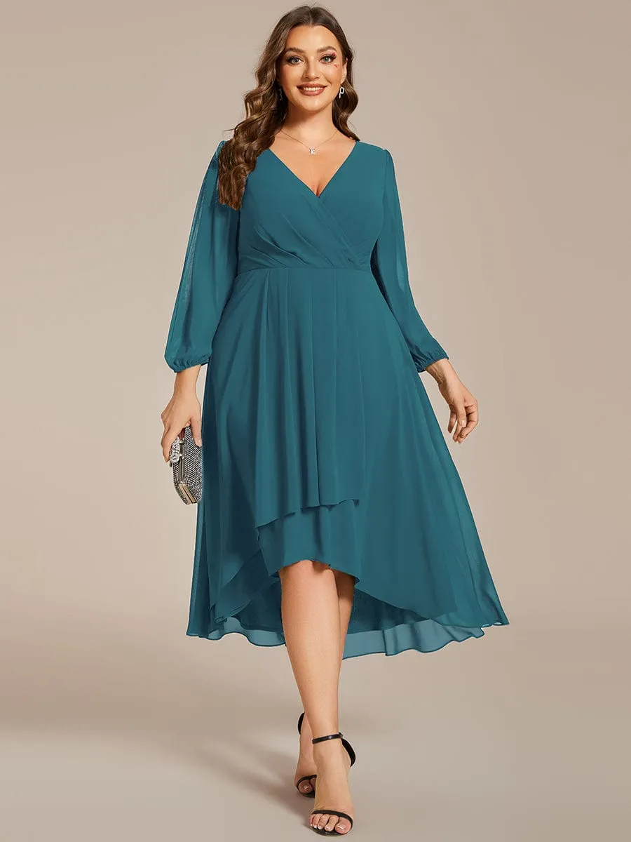 Long Sleeves Asymmetrical Hem A-Line Midi Wedding Guest Dress