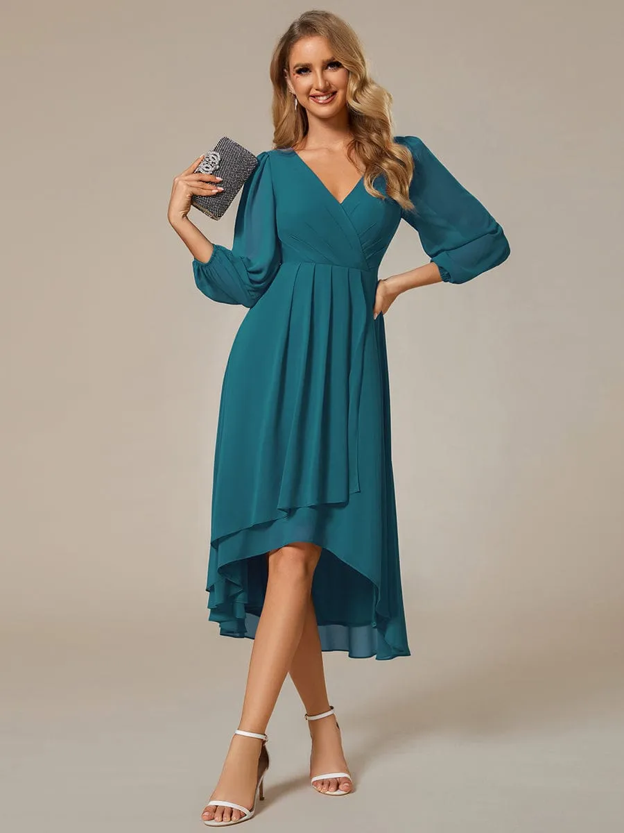 Long Sleeves Asymmetrical Hem A-Line Midi Wedding Guest Dress