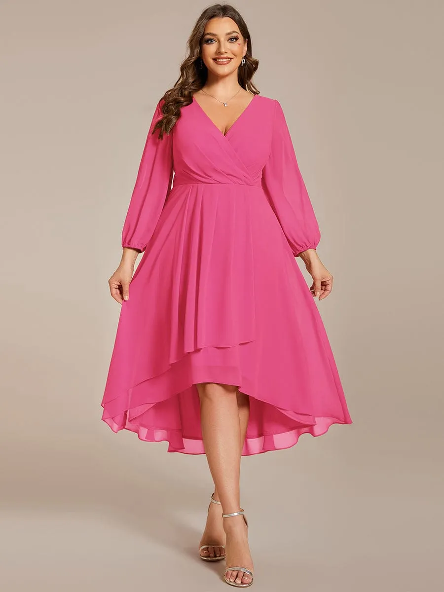 Long Sleeves Asymmetrical Hem A-Line Midi Wedding Guest Dress