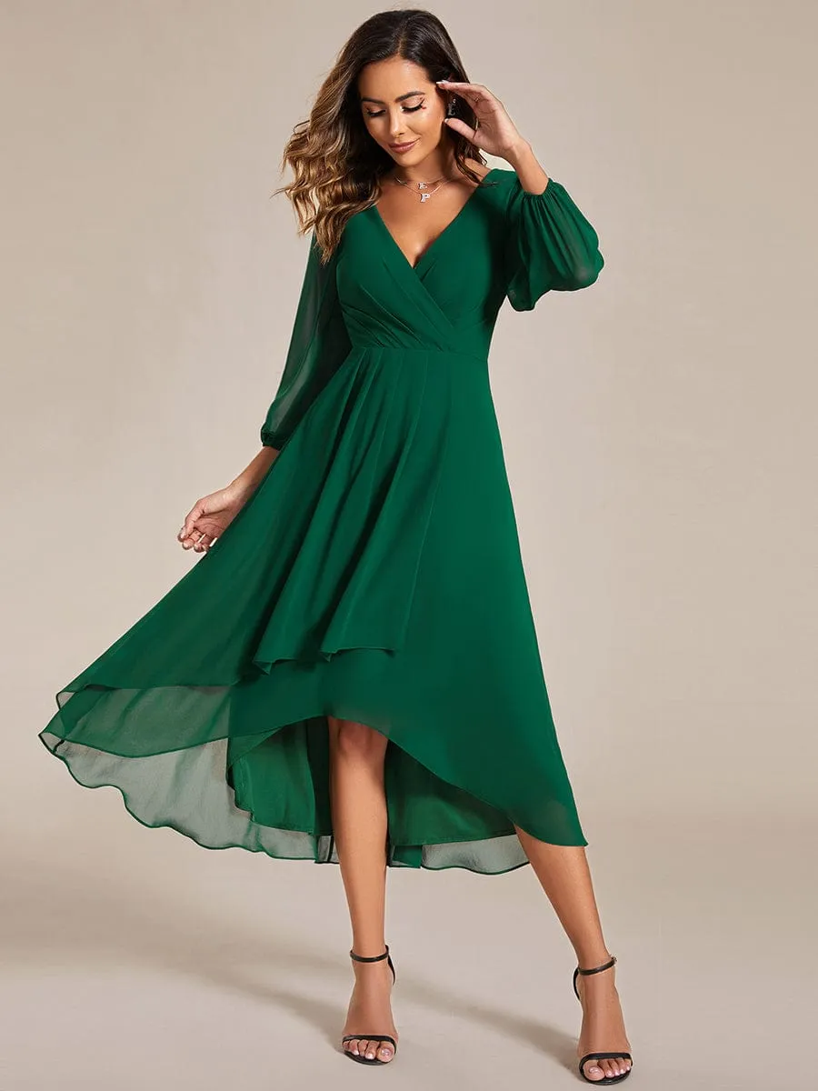 Long Sleeves Asymmetrical Hem A-Line Midi Wedding Guest Dress