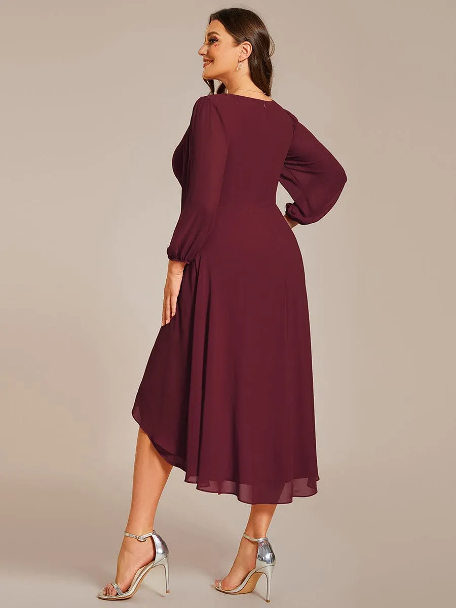 Long Sleeves Asymmetrical Hem A-Line Midi Wedding Guest Dress